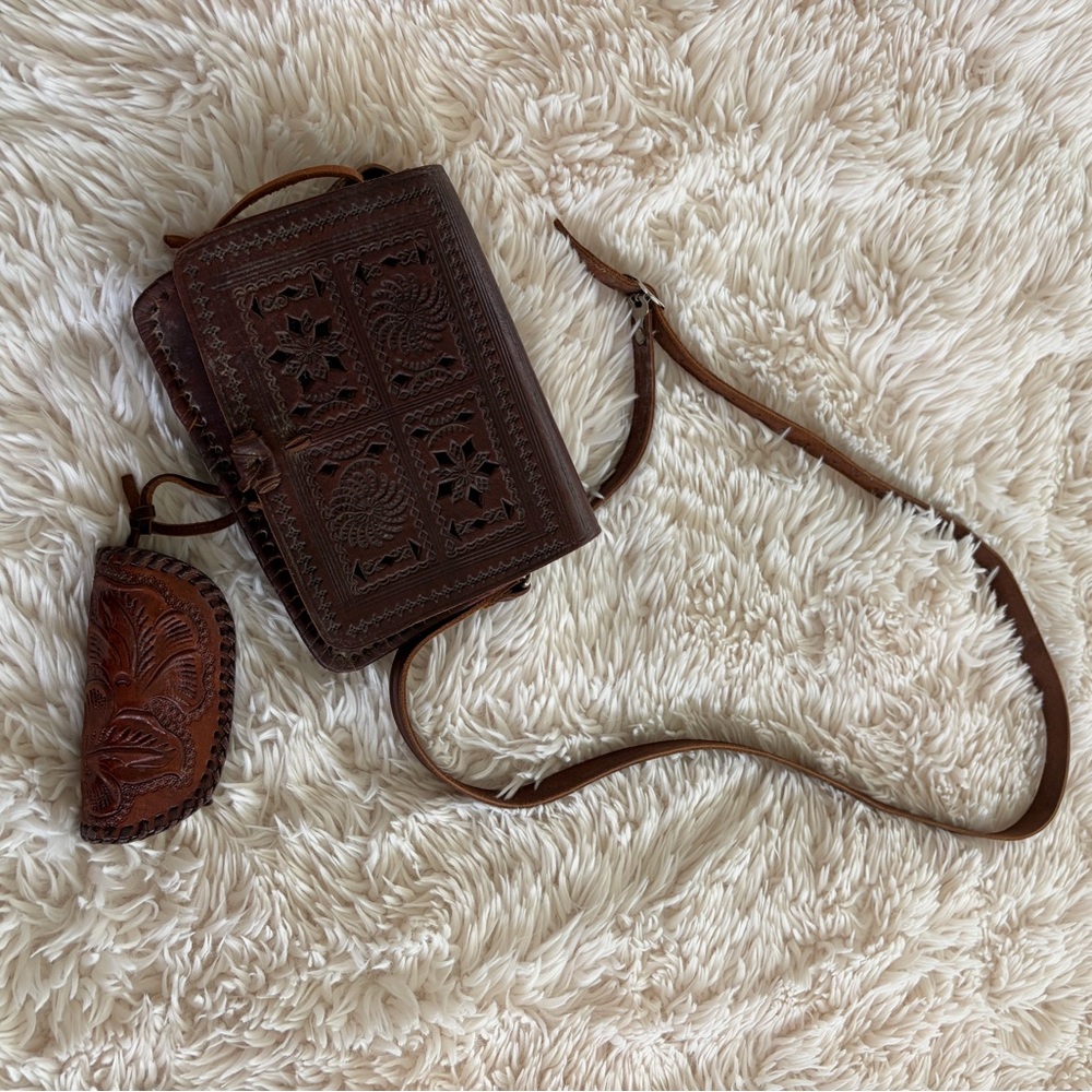 Handcrafted Tooled Leather Crossbody Bag in Rich Brown - Picture 1 of 6